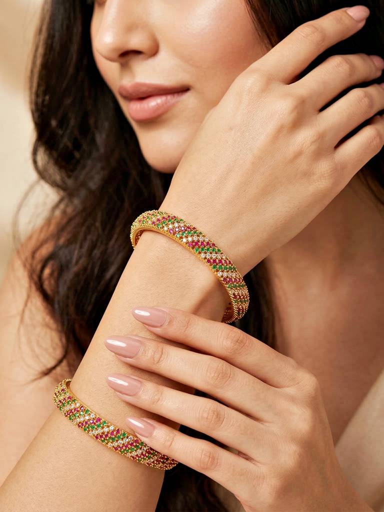 Gold Plated Multi-Color Stone Ad Bangle For Women | Pink Green White Stone Studded Elegant Wedding Festi : 1356-C1BG-2223-2-24