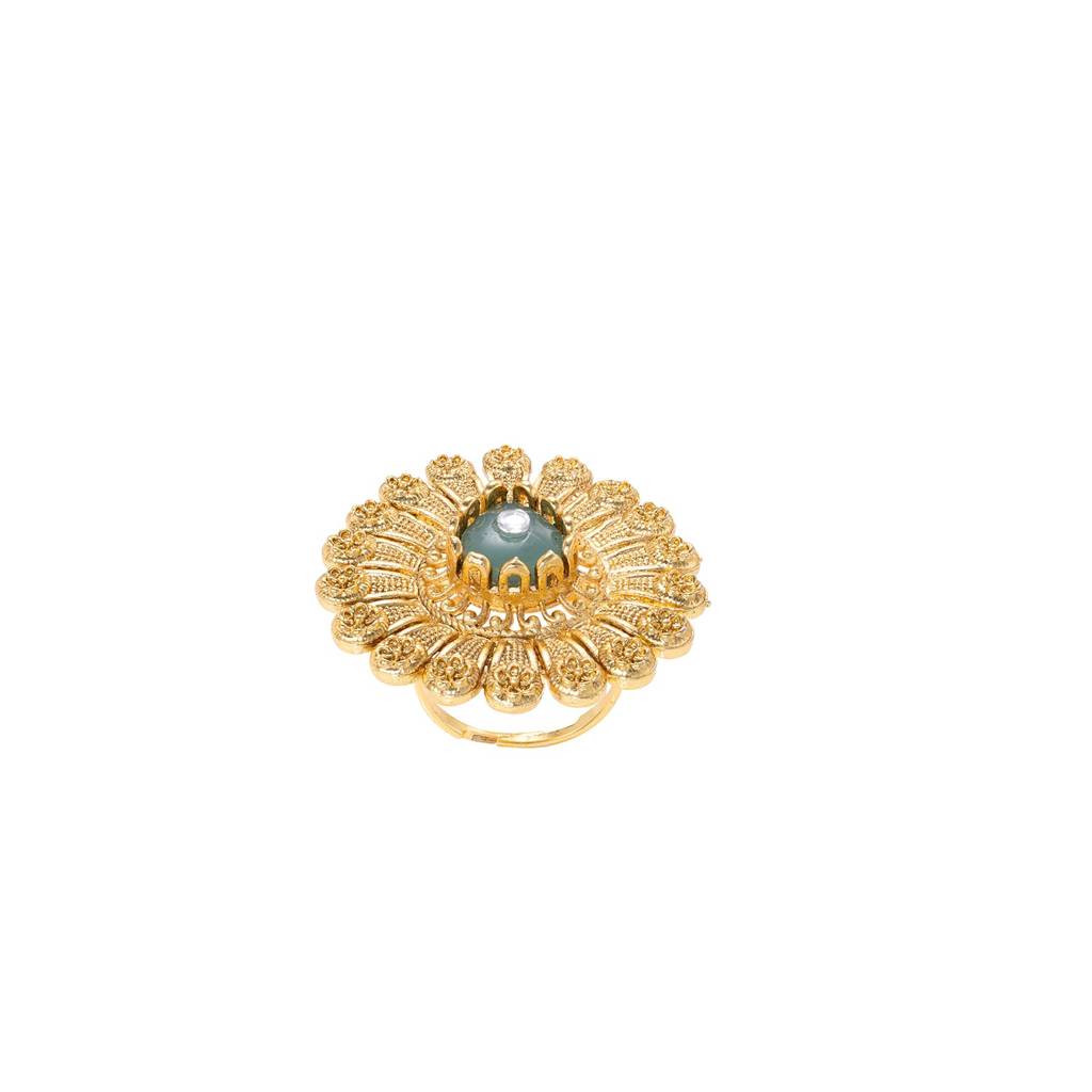 Ethnic Gold Plated Green Adjustable Traditional Finger Ring For Women : PF04R10G