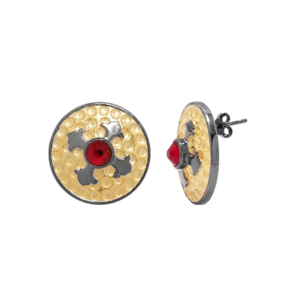 Red Stone Adorned Floral Motif Engraved Round Studs In Shining Black And Gold Finish : 8907275956884