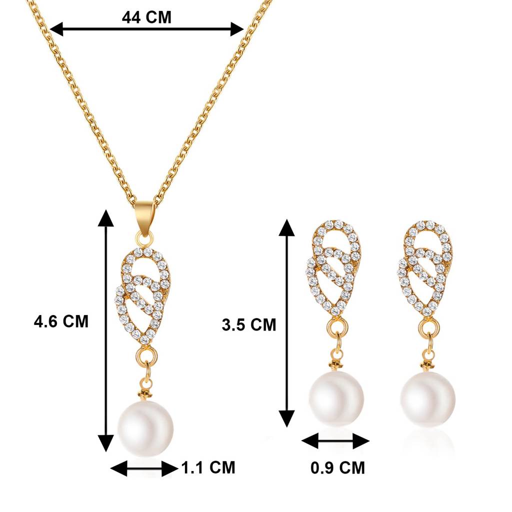 Gold Plated American Diamond & Pearl Studded Pendant Necklace Chain & Drop Earrings Set Stylish Jewellery Gift For W : PX8PS20