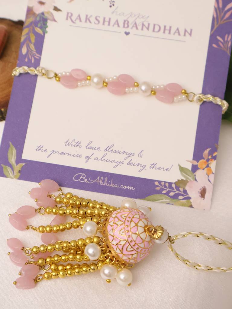 Blush Pearl Tassel Bhai Bhabhi Rakhi Lumba Set With Roli Chawal Capsules : ACJR207-ACRL207