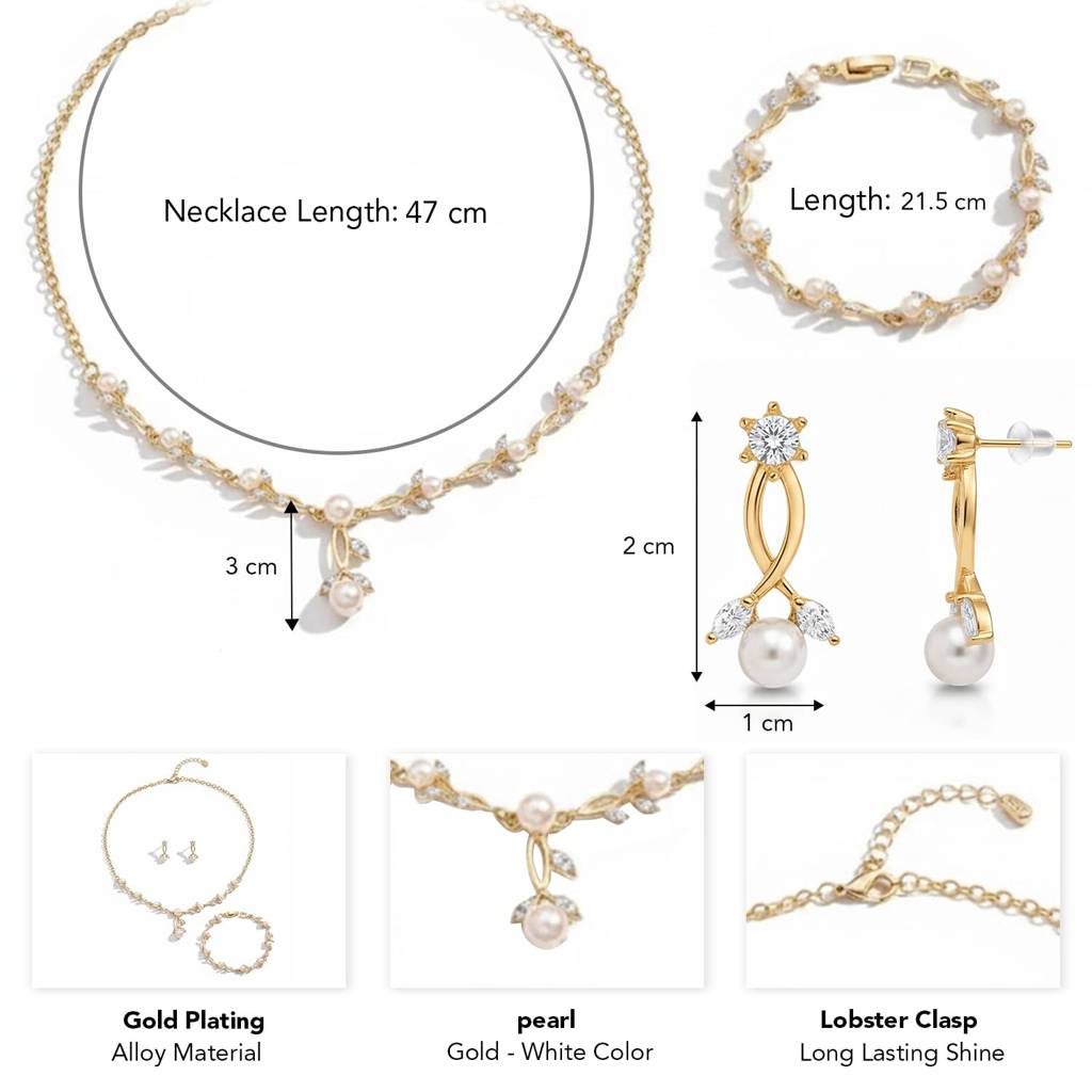 Gold Plated Pearl Studded Floral Necklace Earrings Bracelet Set Fancy Contemporary Jewellery For Women & Girls : PX9N250GW