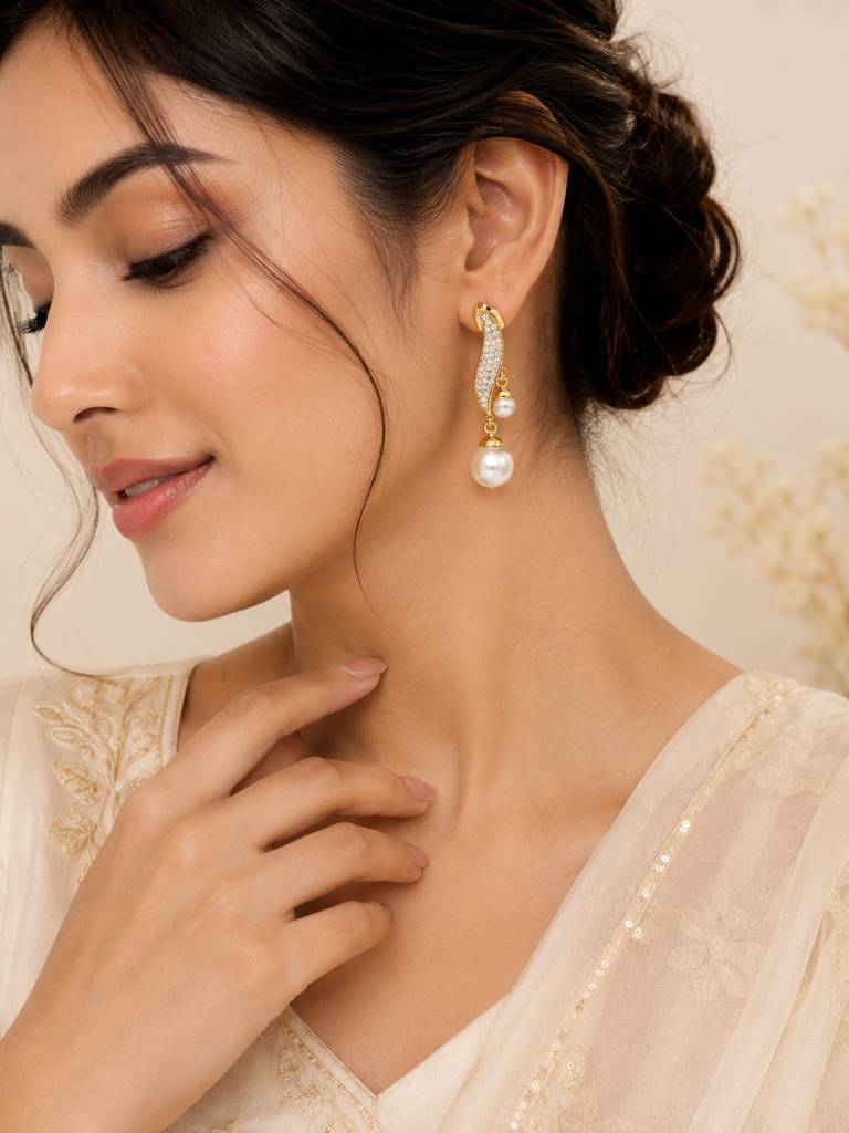 Curved Pearl Dangle Earrings With Cz Detail In 18K Gold Plating : AN-VM-GO-0149-DE