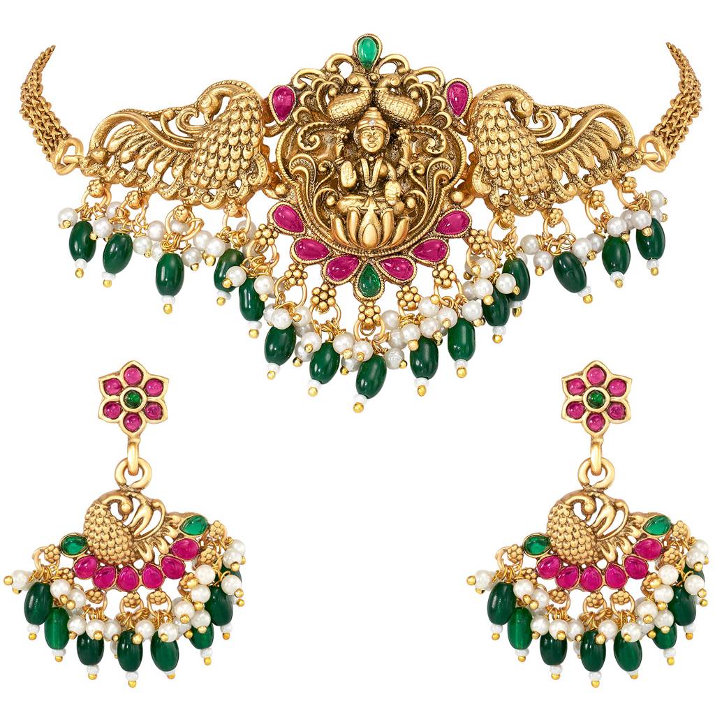 Peora Traditional Gold Plated Red Green Beads Studded Choker Necklace Dangle Earrings Set Ethnic Stylish Fashion J : PF47N02RG