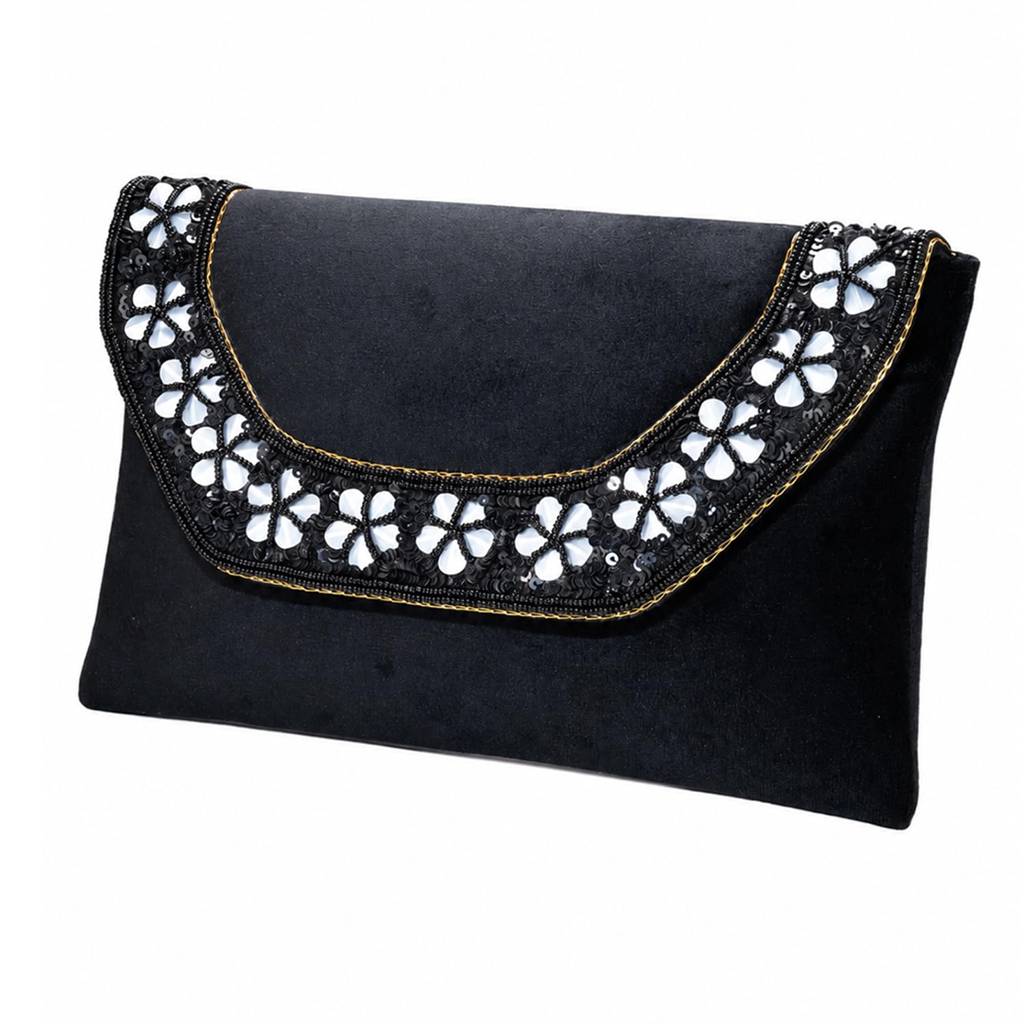 Velvet Sequin Beaded Clutch Bag For Women | Chain Strap | Embellished Wedding Festive Evening Purse : C190BL