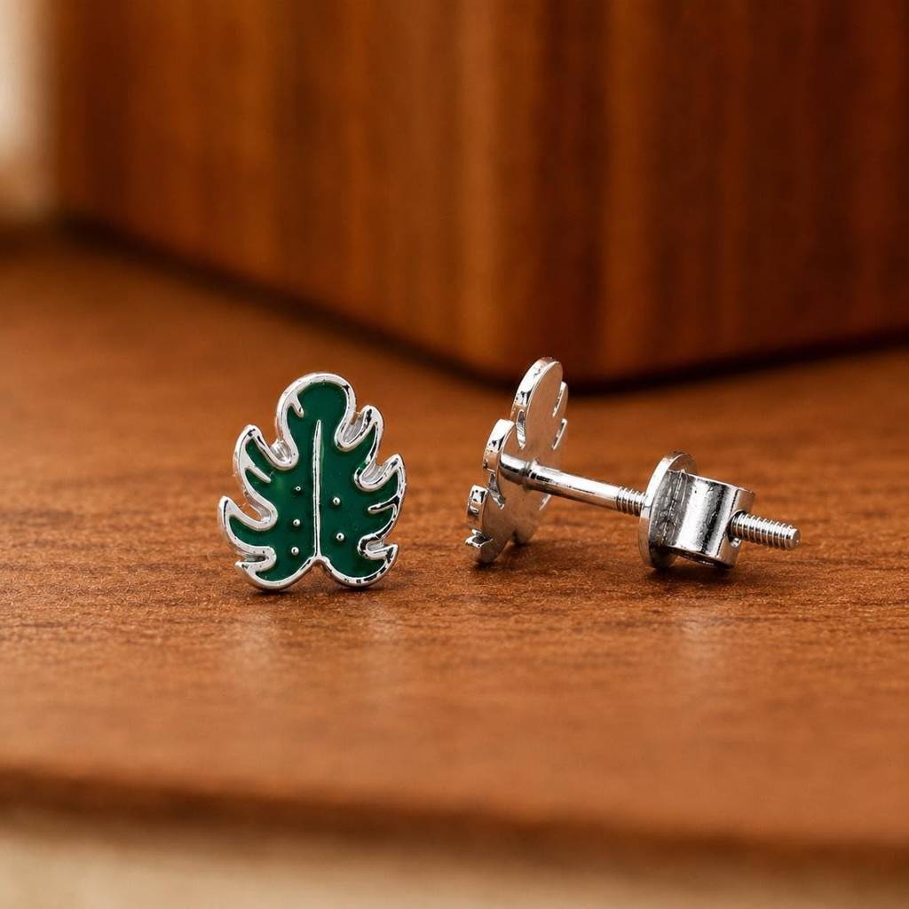 925 Sterling Silver Green Monstera Leaf Earrings : SE_001144