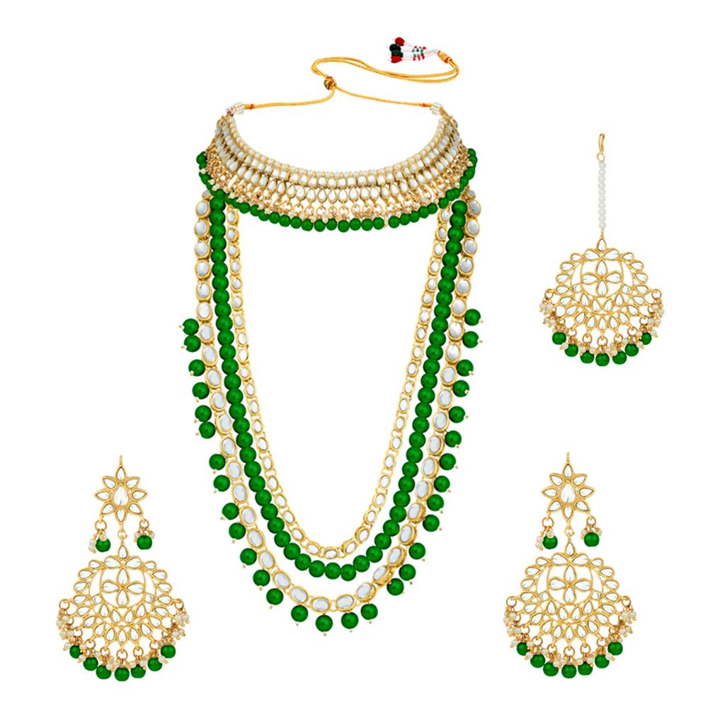 Peora Indian Traditional 18K Gold Plated Kundan Faux Bead Choker Long Necklace Earrings Maang Tikka Jewellery Bri : PF25BR001G
