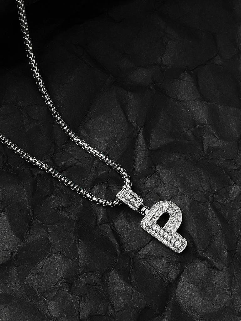 Men'S Embellished Alphabet Pendant Necklace - Silver : FANC1071-P