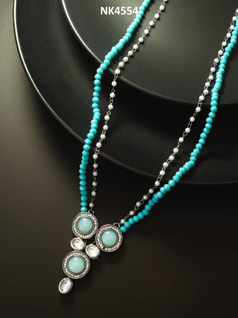 Teal Crystal Bead Double-Strand Necklace With Silver Pendant : NK4554