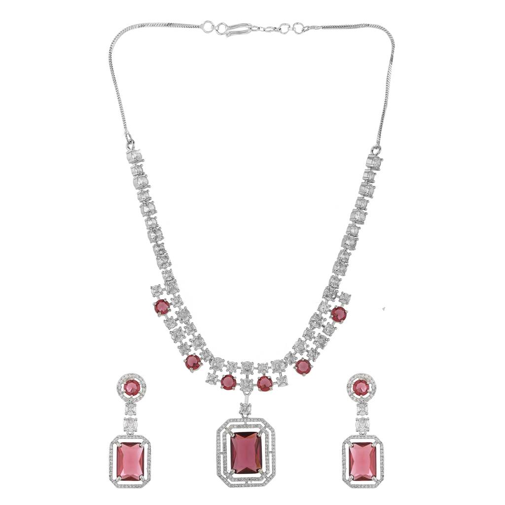 Sparkling Elegance Eternal Love Red American Diamond Necklace Set : 8905124541656