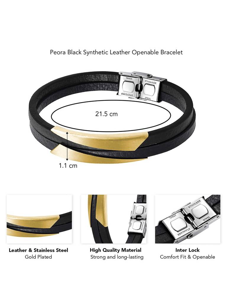 Black Synthetic Leather With Gold Plated Metal Bracelet Stylish Design Fashion Casual Jewellery Gift For Men & Boys : PX9LB34G