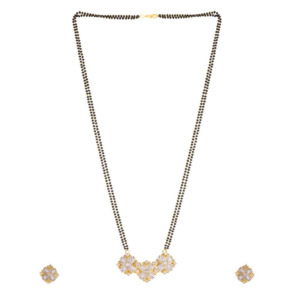 American Diamond Cz Golden Round Brass Black Beaded Mangalsutra With Earrings : 8905124429435