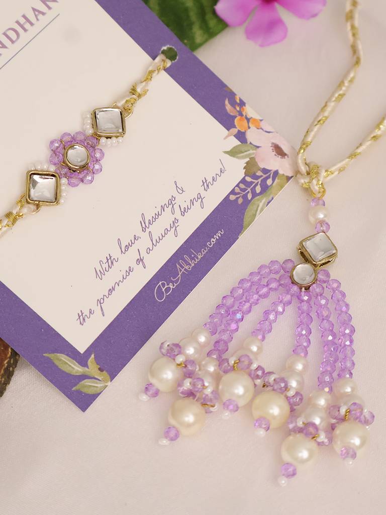 Eternz Certified Jewellery - Be Abhika Lavender Pearl Bhai Bhabhi Rakhi Lumba Set With Roli Chawal Capsules