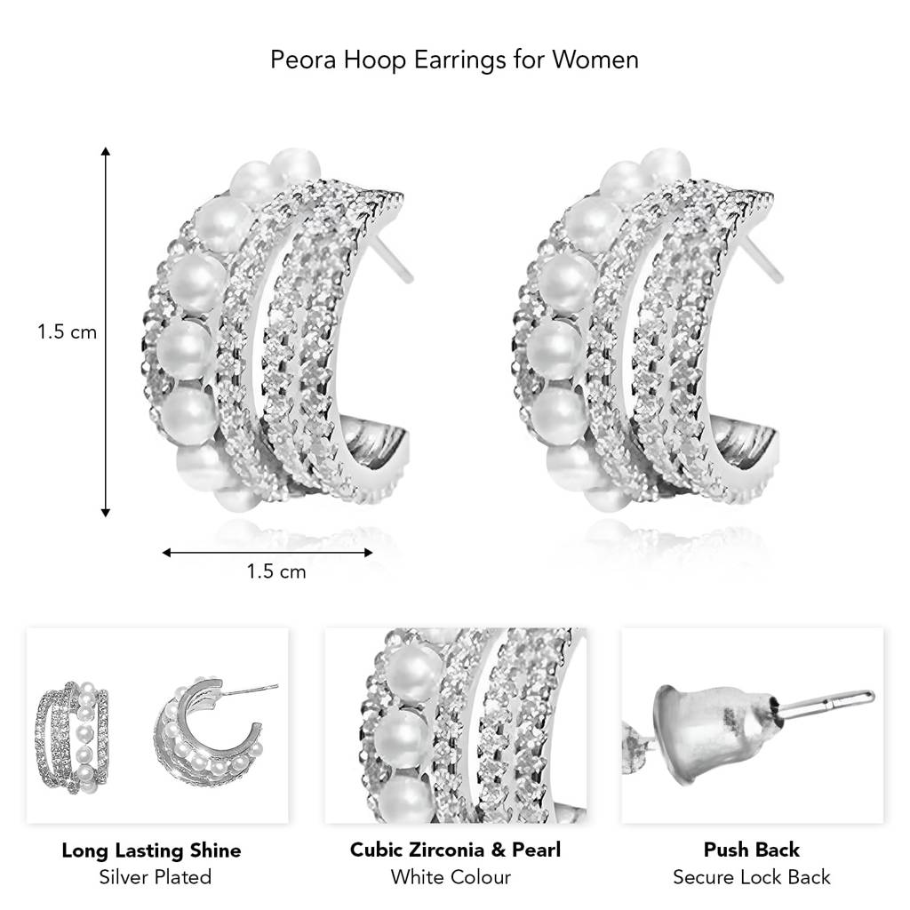 Silver Plated Cubic Zirconia & Pearl Studded Half Hoop Earrings Fancy Fashion Jewellery Gift For Women & Girls : PX9E3060W