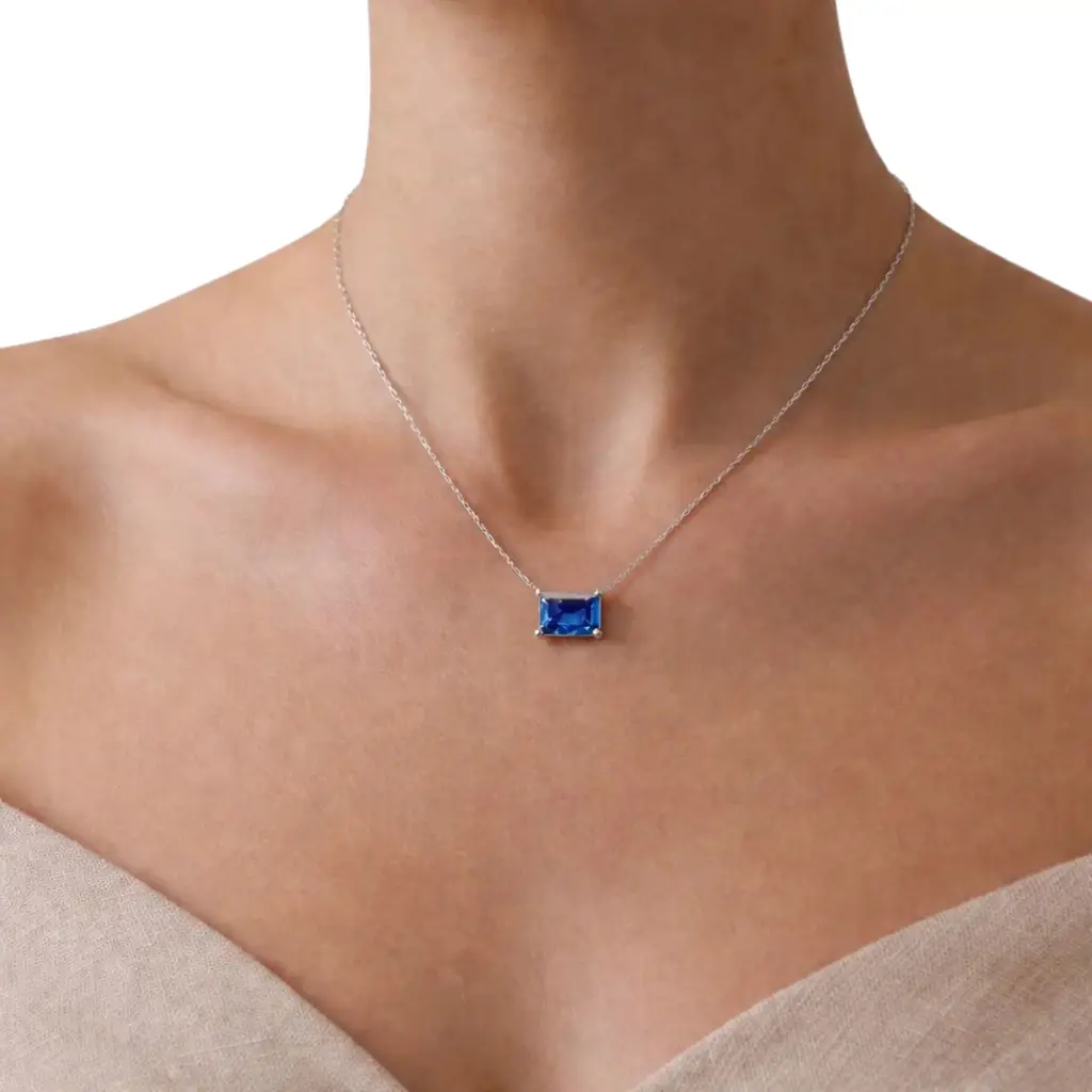 Blue Emerald Solitaire Semi Silver Pendant Necklace : EMLD-BLU-10-SM-G-C