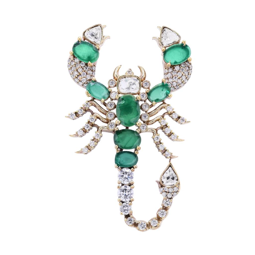 Antique Gold Finish Polki Diamond Unisex Scorpion Brooch With Hydro Emeralds : 900003