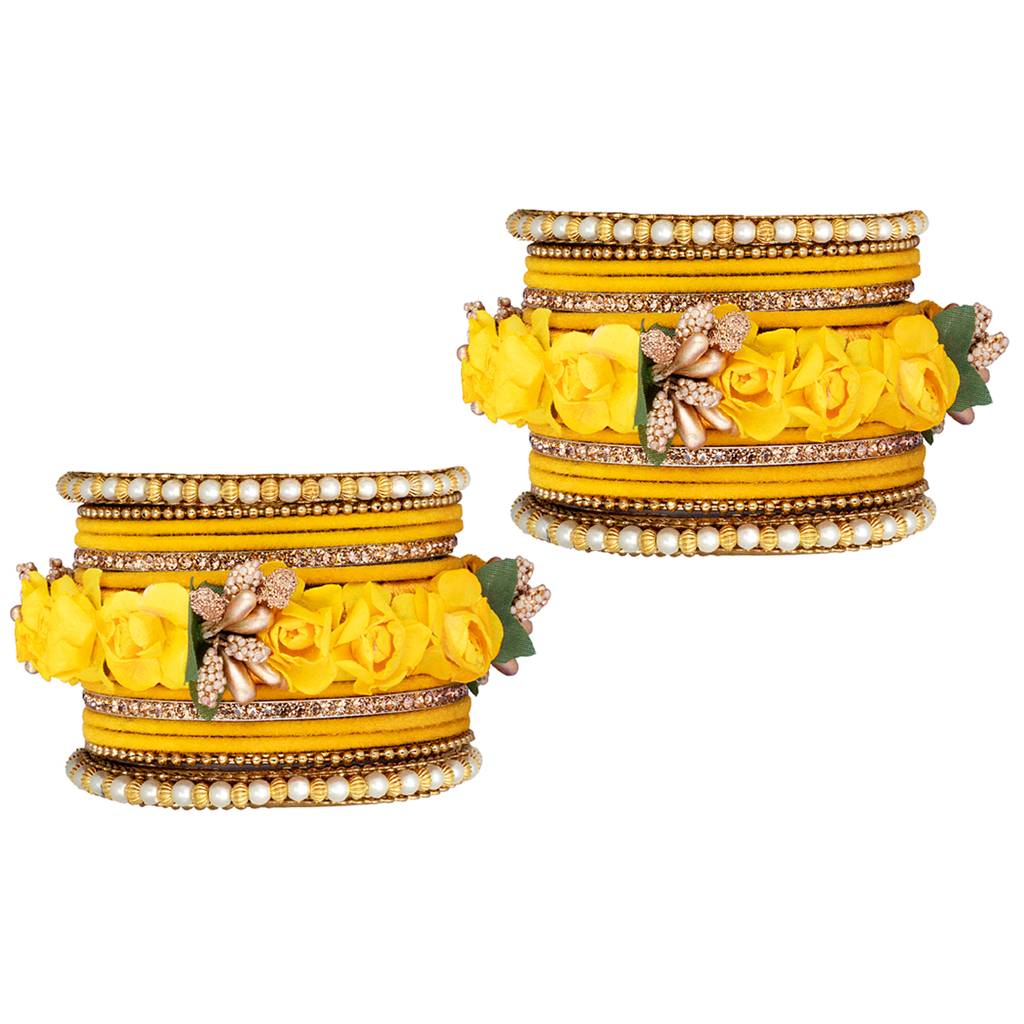 Golden Rose Flowers Decorative Bangle Set Bridal Chuda Indian Ethnic Jewellery For Women : PF51B22Y
