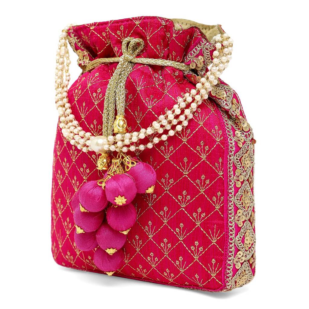 Rani Pink Potli Bag For Women Handmade Evening Wristlet Handbag Stylish Bridal Purse Fashion Bag For Girls (P26Rp) : P26RP