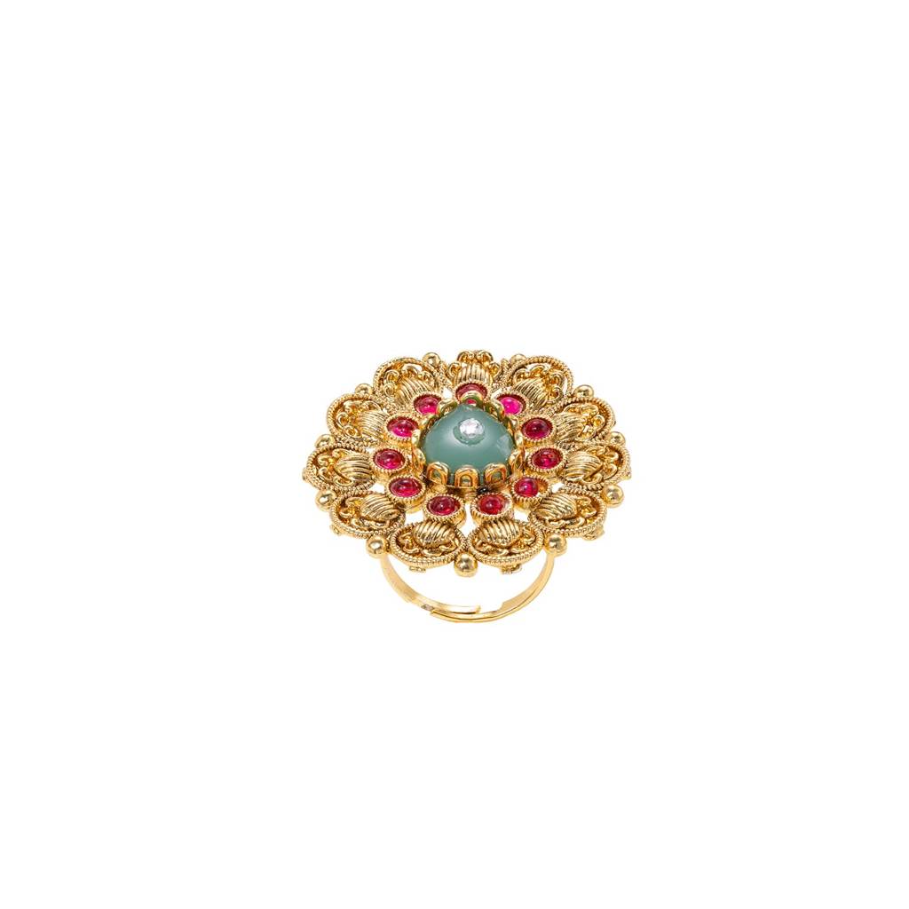 Gold Plated Rani Pink Green Ethnic Adjustable Finger Ring For Women : PF04R07RPG