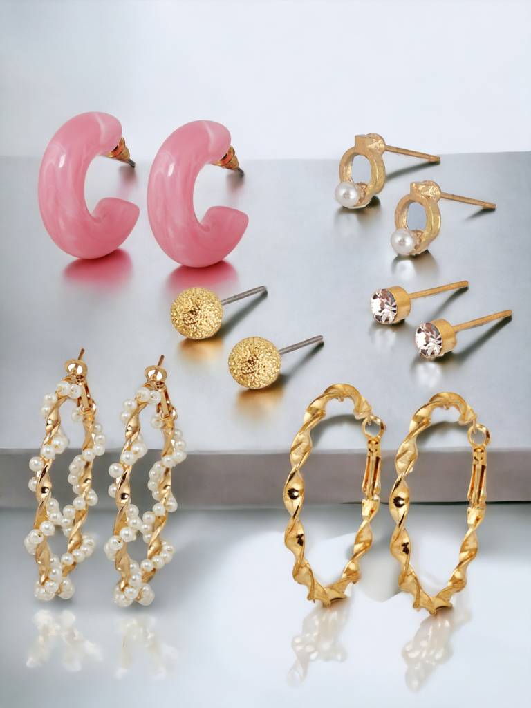 6 Pairs Combo Earrings- Gold Plated Stone Studs, Geometric Hoops And C Shaped Drops : 240-CHEX-1185-6
