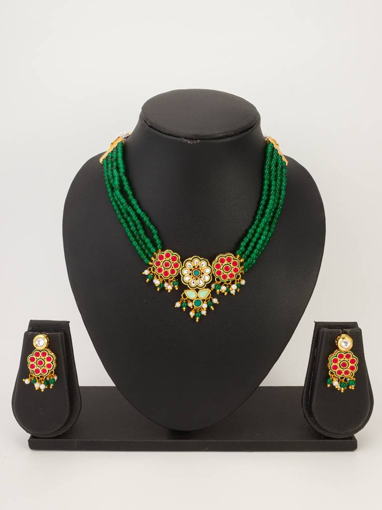 Green Bead Multi-Layer Choker With Pink Kundan Floral Centerpiece : NK4673