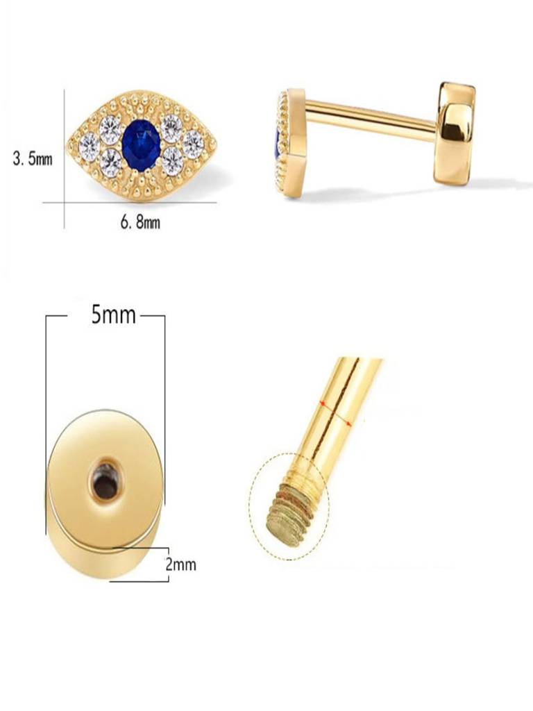 14K Gold Plated Anti-Tarnish Zircon Evil Eye Flat Back Stud Earrings : AXY0326E1071