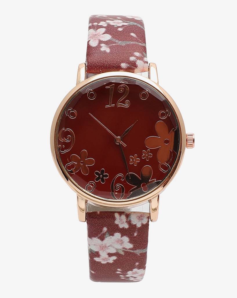 Maroon & Champagne Gold Decorative Analog Round Dial With Brown Floral Printed Leather Strap : HSWC1035