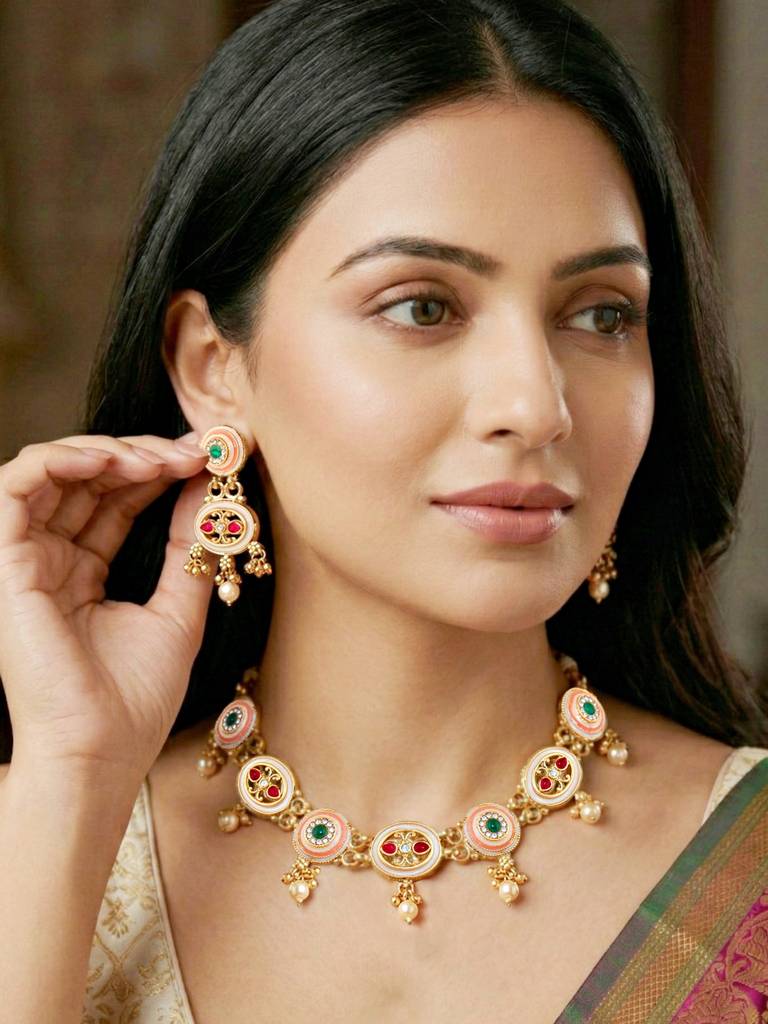 Gold-Plated Meenakari  Red & Green Stone Traditional Necklace Set With Earrings For Women | Ethnic Wedding  : 580-G2SR-260-WRG