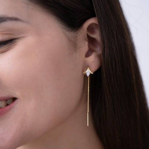 18K Gold Vermeil Crystal Tulip Threader Earrings With Cz Diamond : KET0008-Gold