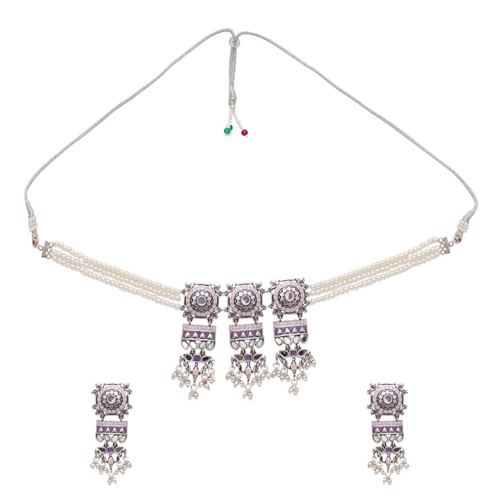 Festive Hues Faux Pearls And Mirror Work Oxidised Silver Plated Brass Jewellery Set : 8905124466232