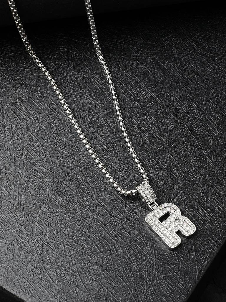 Men'S Embellished Alphabet Pendant Necklace - Silver : FANC1071-R