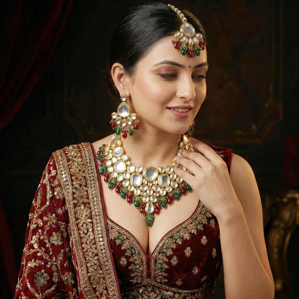 18 Kt Gold Plated Bridal & Semi-Bridal Necklace Set With Earrings & Maang Tikka : 3947-J5SK-1574-MG