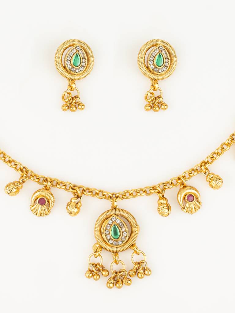 Gold-Plated Teardrop Stone Necklace Set For Women | Green & Pink Ethnic Jewellery With Earrings | Bridal & Festive Wear : NK4807