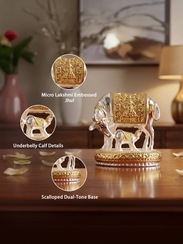 999 Silver Plated Kamdhenu Cow Figurine : GXGFT451