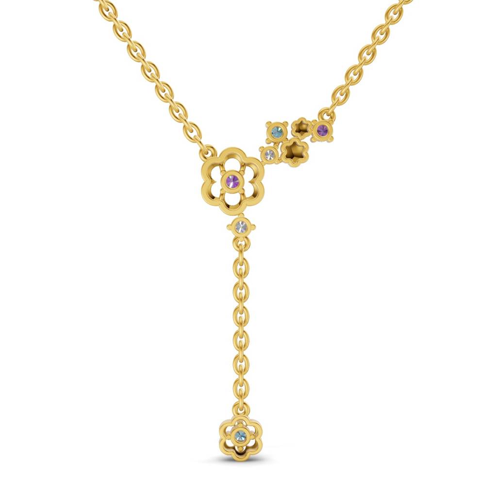 Lab Grown Diamond 0.07Ct Round 925 Sterling Silver Gold Plated Floral Necklace : SQN19710-NK-925S-007CT