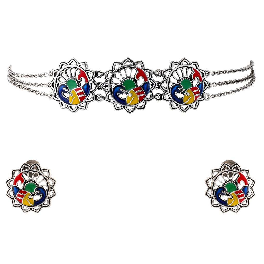 Madhubani Matsya Mayur Oxidised Enamel Choker Necklace Set : 8905124560886