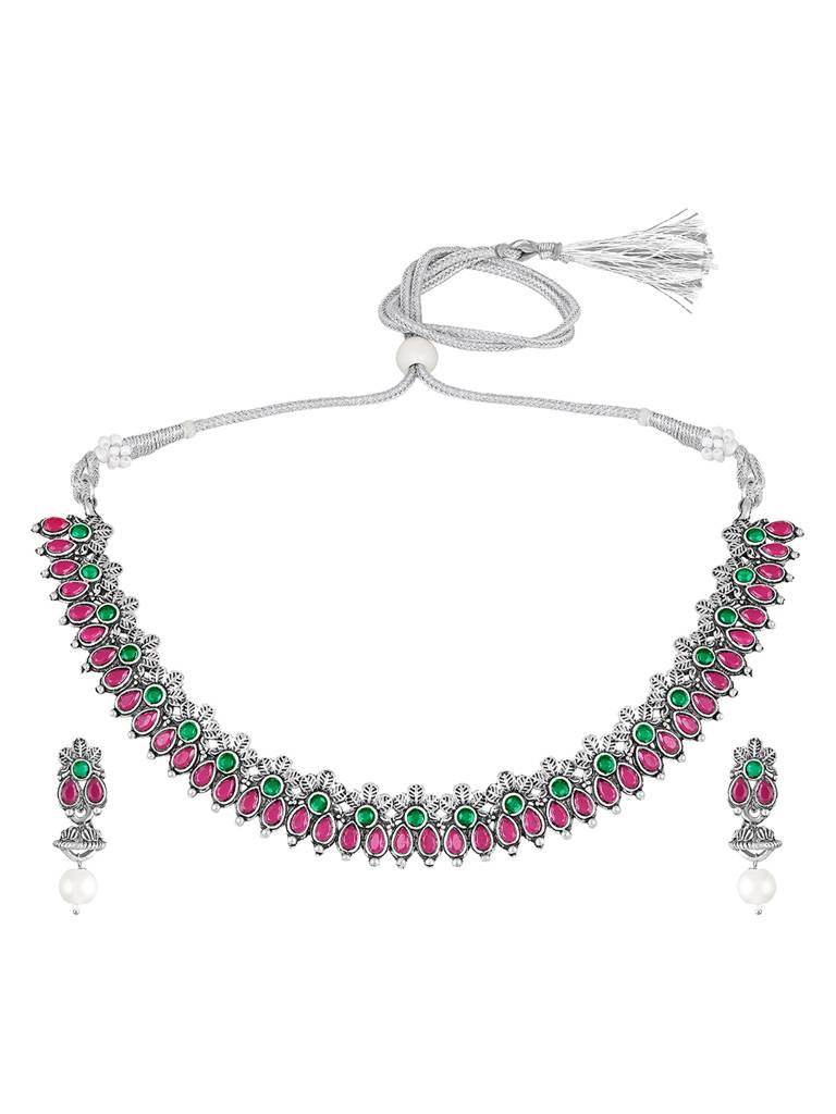 Women'S Silver Plated Ethnic Pink Necklace Earrings Set Crystal Studded Festive Jewellery Anniversary Birthday Gi : PF04N15RPG