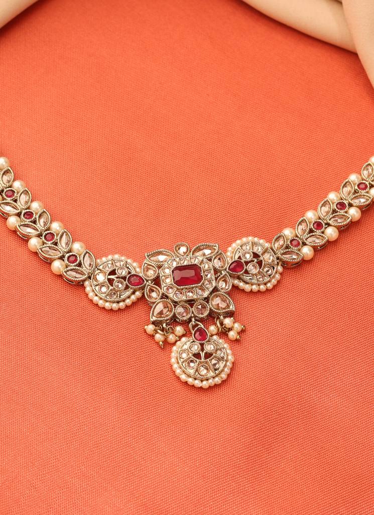 Traditional Paisley And Leaf Design Pearl Ruby Kundan Stone Antique Gold Plated Kamarband For Women And Girls : 6BL65_RUBY