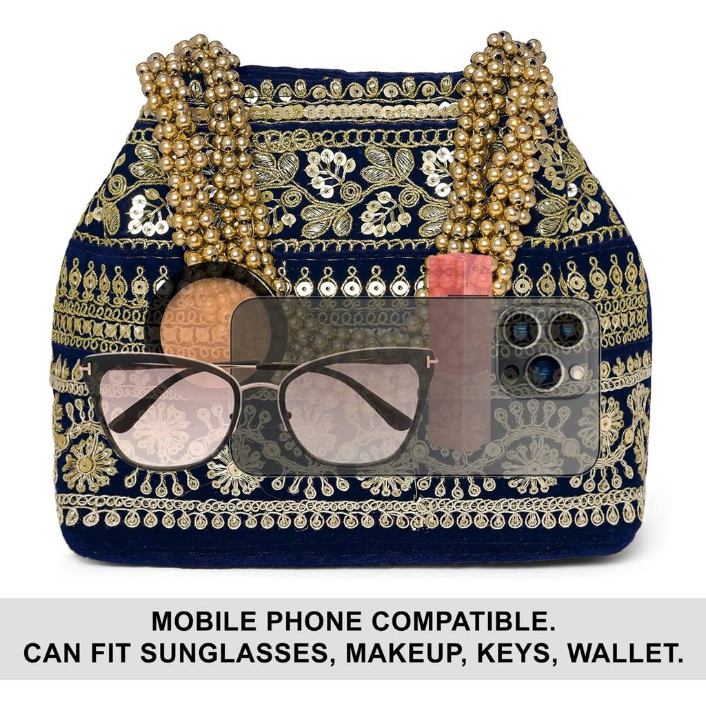 Blue Floral Potli Purse For Women Handmade Ethnic Handbag Stylish Bridal Fashion Wristlet Bag For Girls : P203B-F