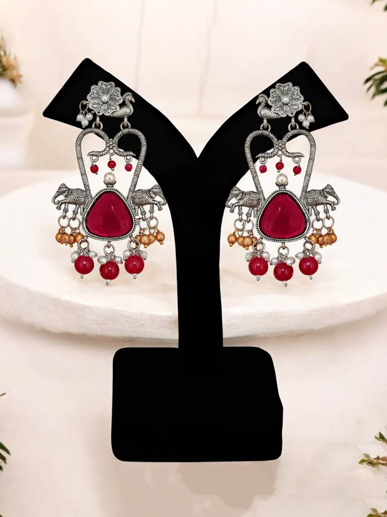 Celebrity-Inspired Oxidised Silver Magenta Color Earrings For Girls & Women : 436-KEO-15227-R-S