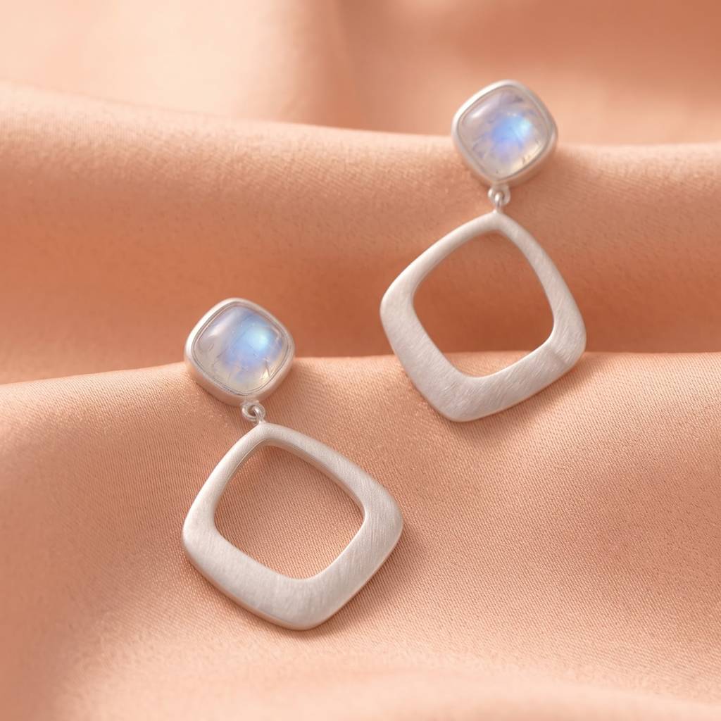 925 Pure Silver Minimalist Cushion-Cut Gemstone & Open Frame Earrings : TWP1387I