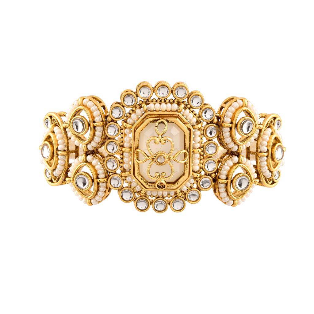 Kundan Opulance Whitesmoke Pearl Beaded Yellow Gold-Plated Bracelet : 8905124585438
