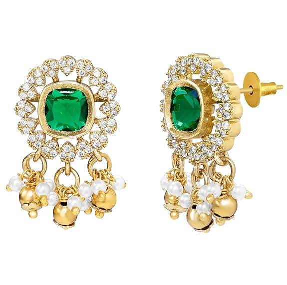 Red Ethnic Necklace Earrings For Women & Girls Gold Plated Faux Ruby Cz & Pearl Studded Festive Bridal Jewellery B : PF76N06RG