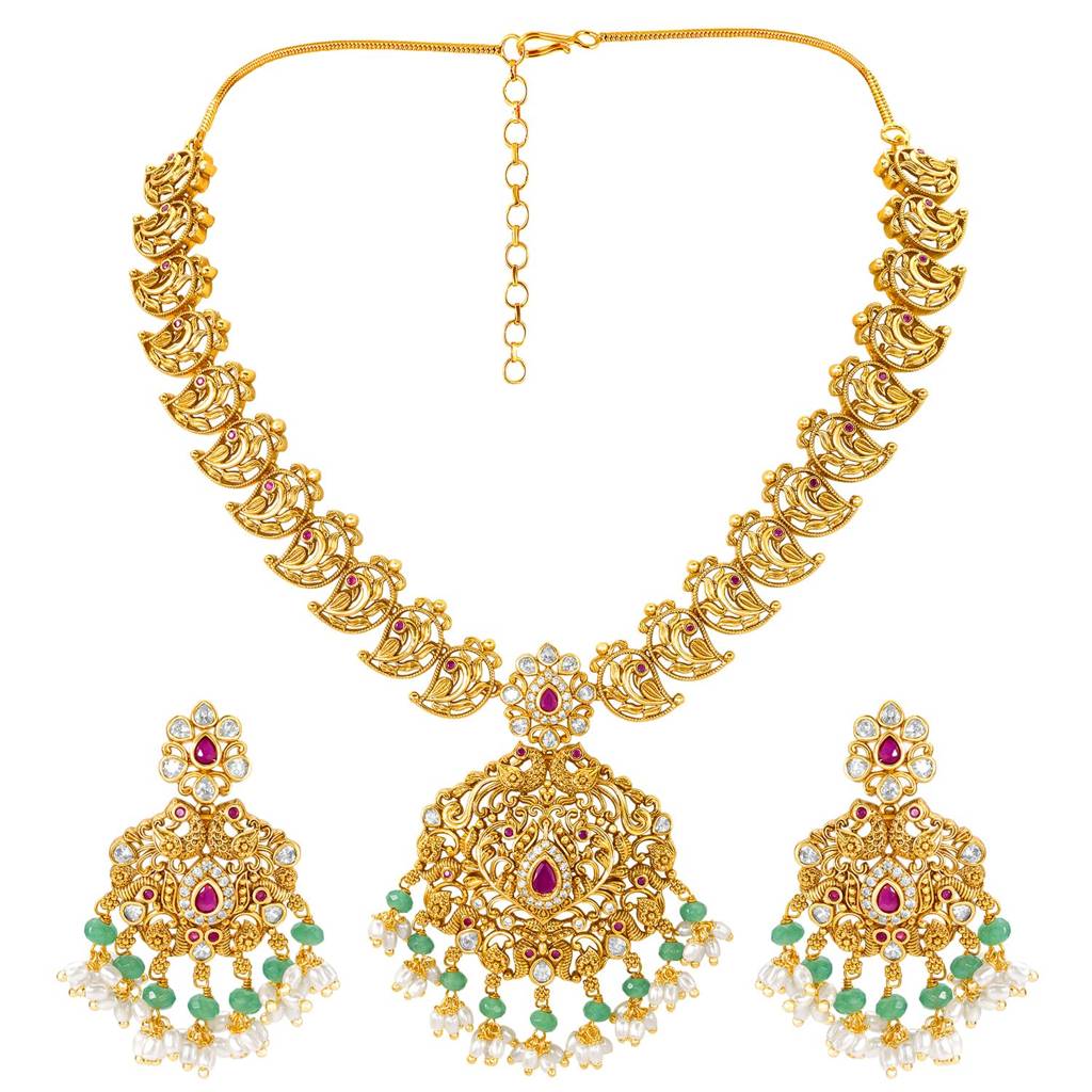 Gold Plated Cubic Zirconia Faux Ruby & Beads Studded Ethnic Necklace Earrings Set Jewellery Gift For Girls & Women : PF53N698RG