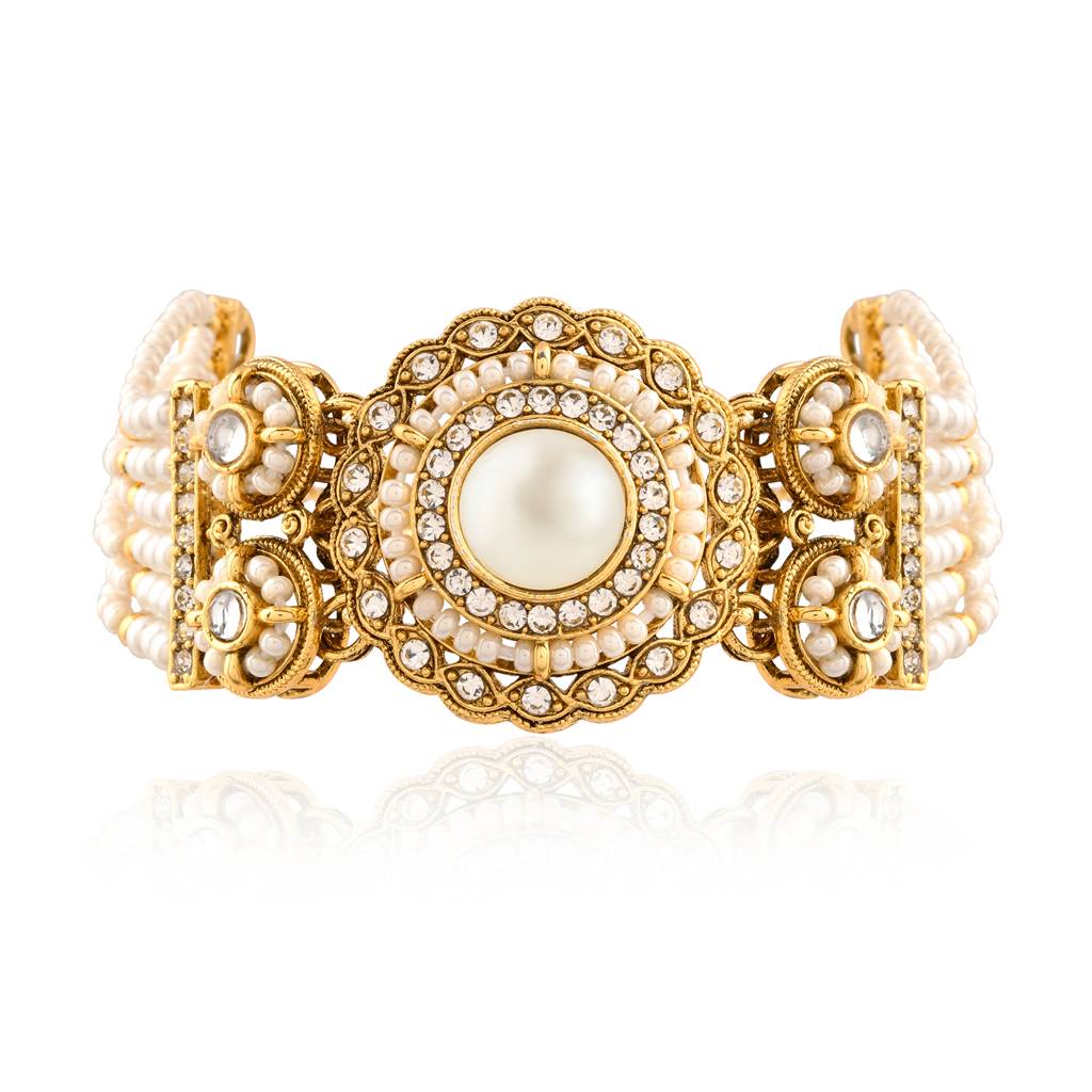 Kundan Opulance Light Pink Cz-Pearl Yellow Gold-Plated Bracelet : 8905124585490