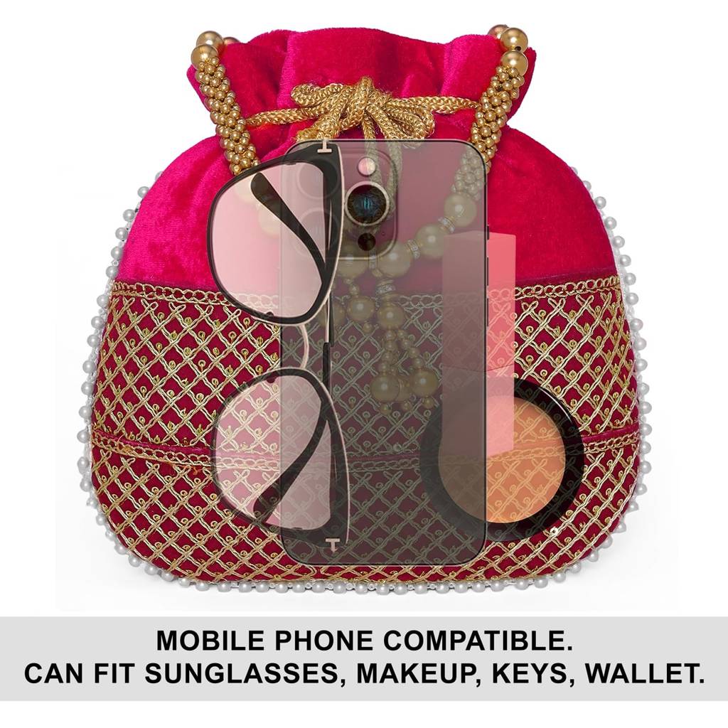 Zari Sequence Potli Bag With Beads Motif Handle For Women Handmade Handbag Stylish Bride Fashion Wristlet Bag For G : P197RP-F