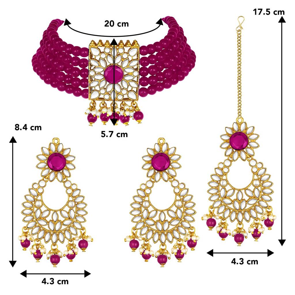 Gold Plated Jodha Akbar Kundan Rani Pink Faux Pearl Choker Necklace With Earring Maang Tikka Traditional Bridal  : PF24N2929RP