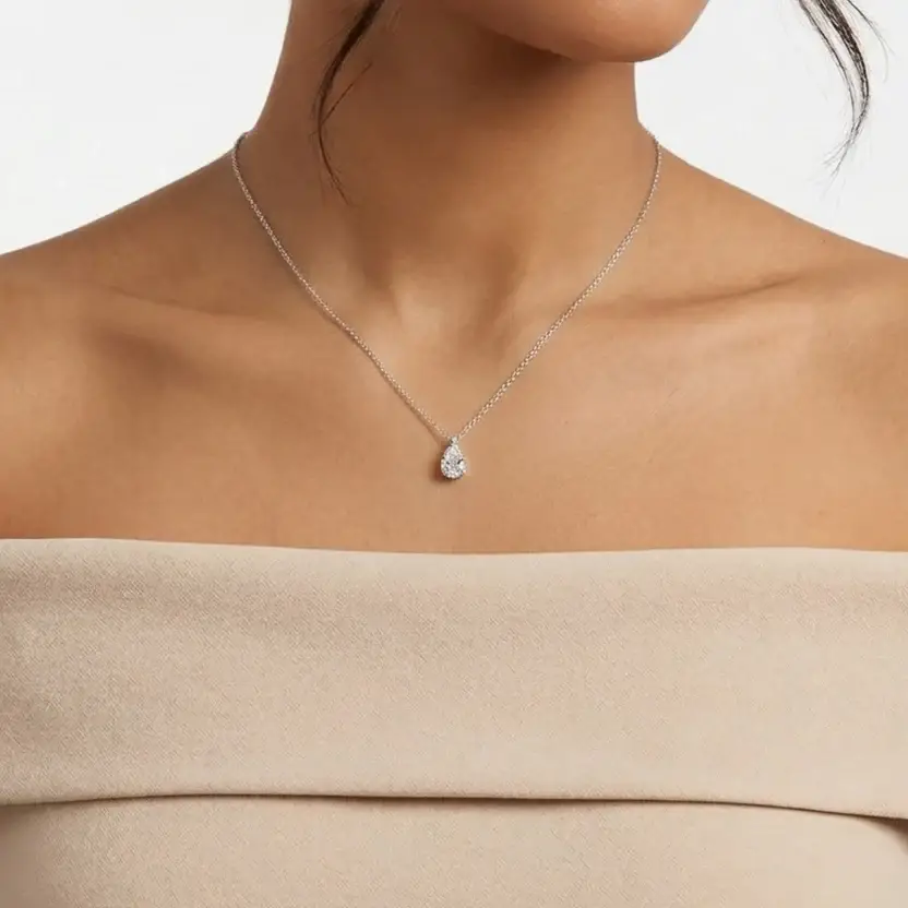 Chic Pear Solitaire Semi Silver Pendant Necklace : VST-PER-10-SM-W-C