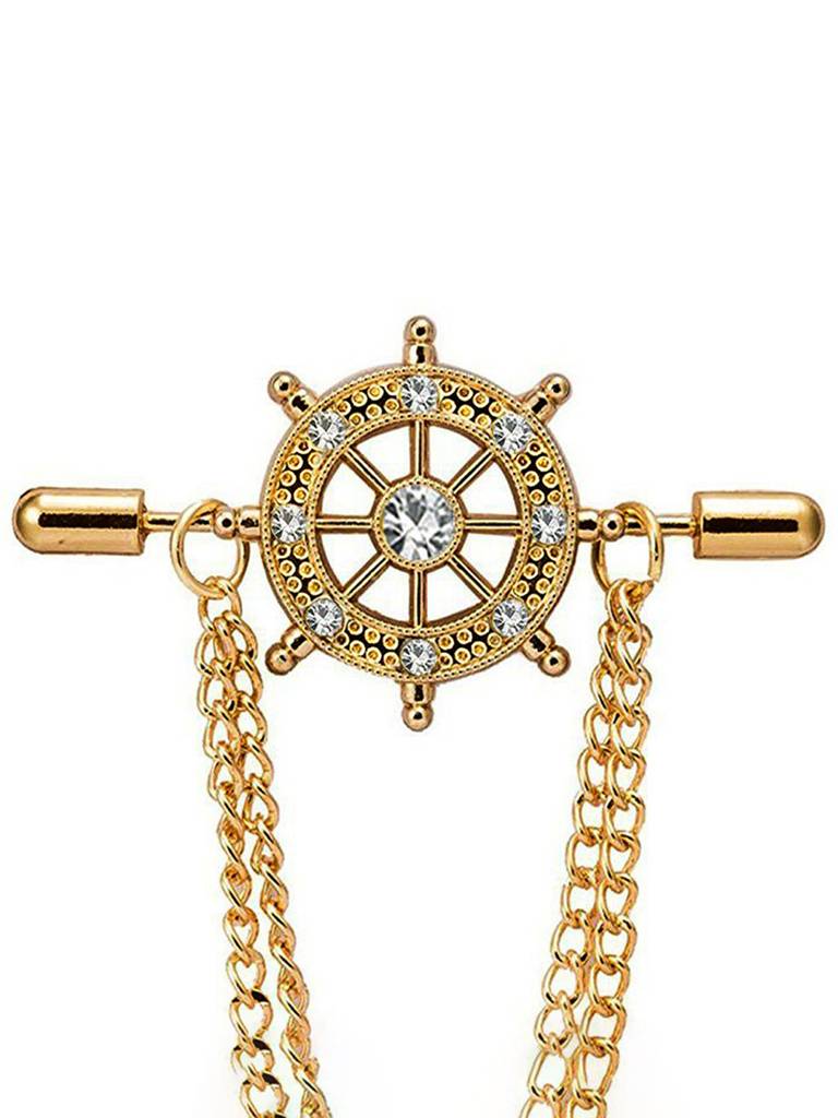 Peora Gold Plated Cubic Zirconia Studded Double Chain Pin Brooch Elegant Jewellery For Men : PX9BH03