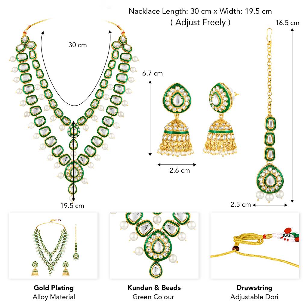 Women'S Gold Plated Ethnic Green Necklace Earrings Maangtikka Set Kundan & Beads Studded Festive Bridal Jewellery : PF27N670G